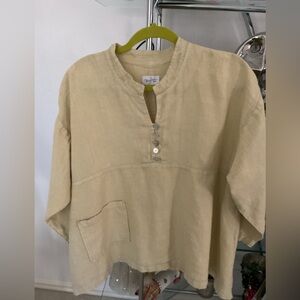 Pale yellow Button front Linen tunic Top
